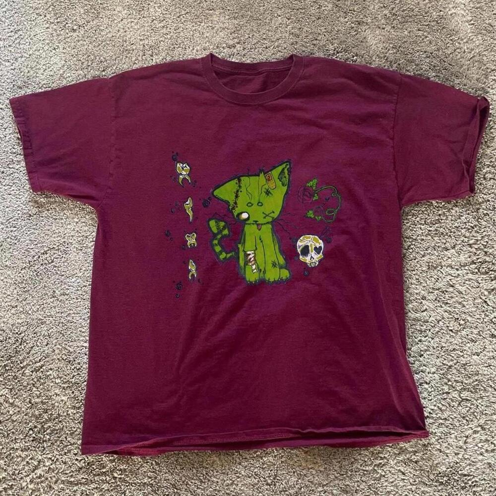 Burgundy Zombie Cat Tee With Skull And Roses